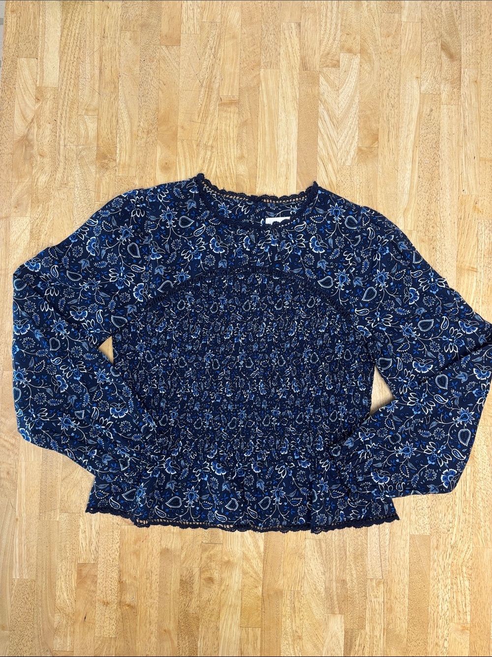 LOFT Navy Blue Floral Paisley Smocked Blouse Crochet Lace Trim Top Size Medium M